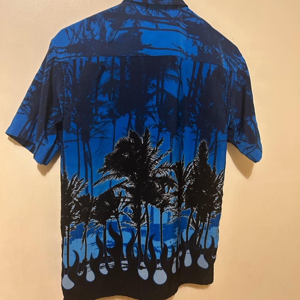 Men's Blue Palm-Print Short-Sleeve Button-Down Shirt
